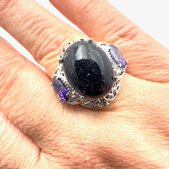 Chuck Celmency Blue Gold Stone & Amethyst Statement Ring Sterling Silver Size 9 - Picture 3 of 5